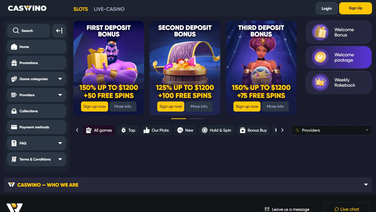 Caswino Casino desktop games interface