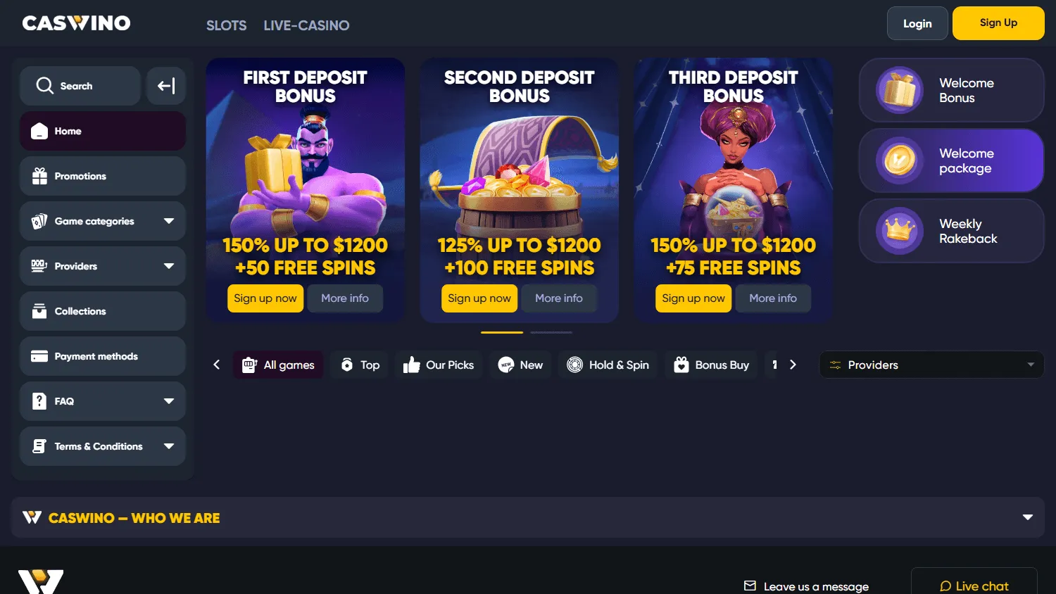 Caswino Casino desktop home interface