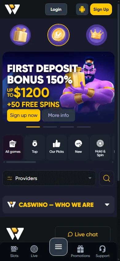 Caswino Casino mobile home interface